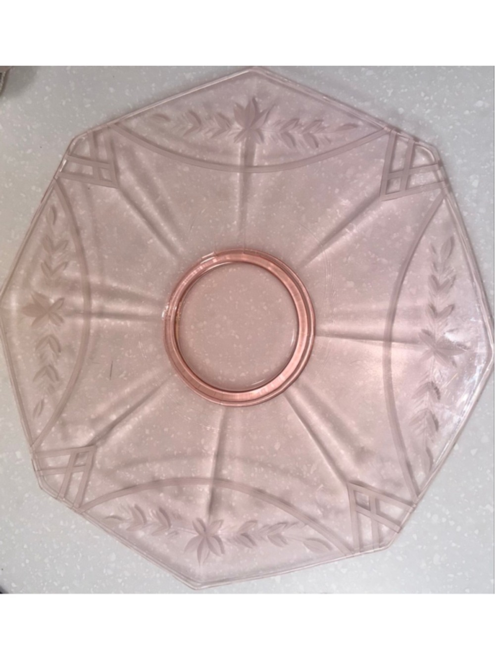 Vintage pink depression glass serving platter plate octagonal shape etched leave